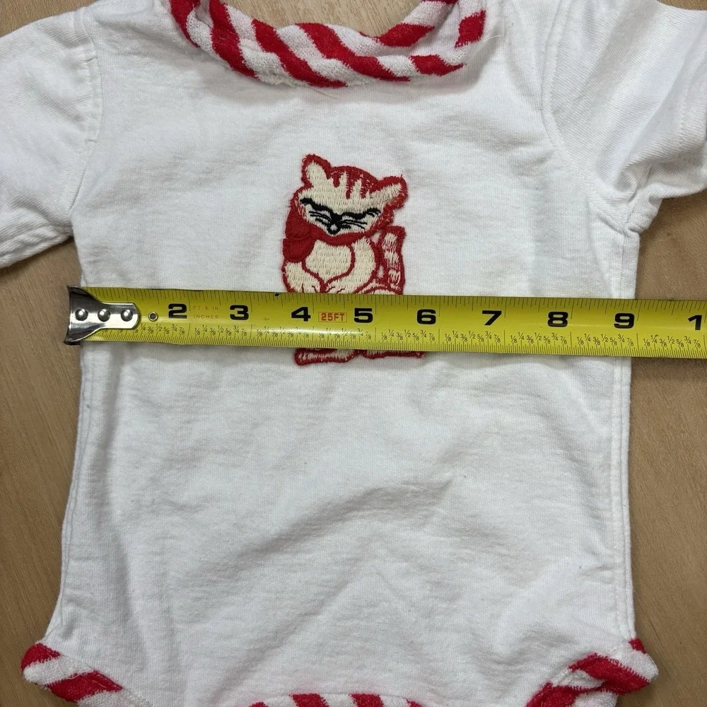 VTG Handmade Baby Romper Cat Kitten Embroidered 6 Month Red And White